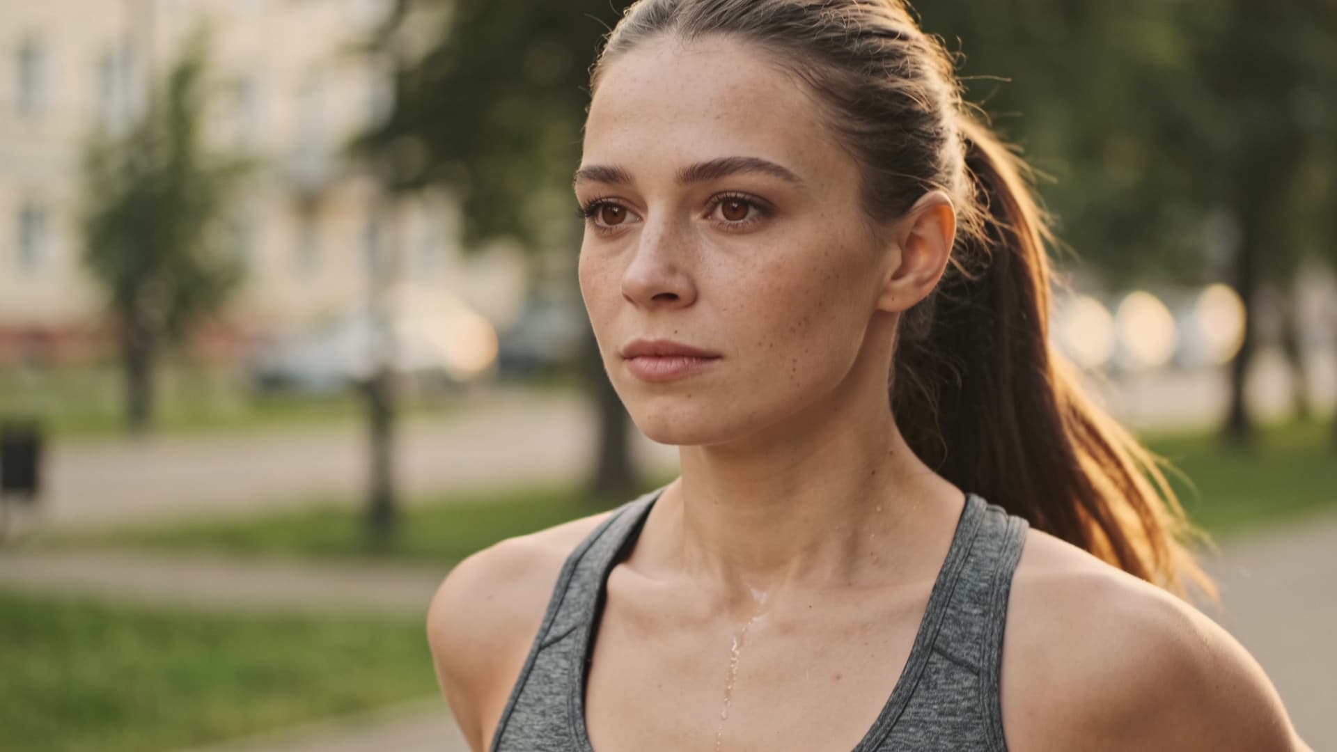 Спортивная женщина на пробежке утром, спокойное сосредоточенное лицо