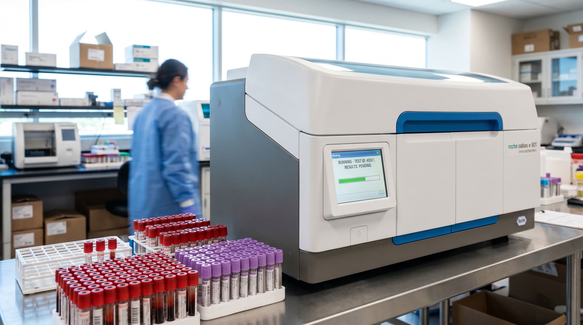 Лабораторный анализатор Roche Cobas в работе, на размытом фоне видны штативы с пробирками