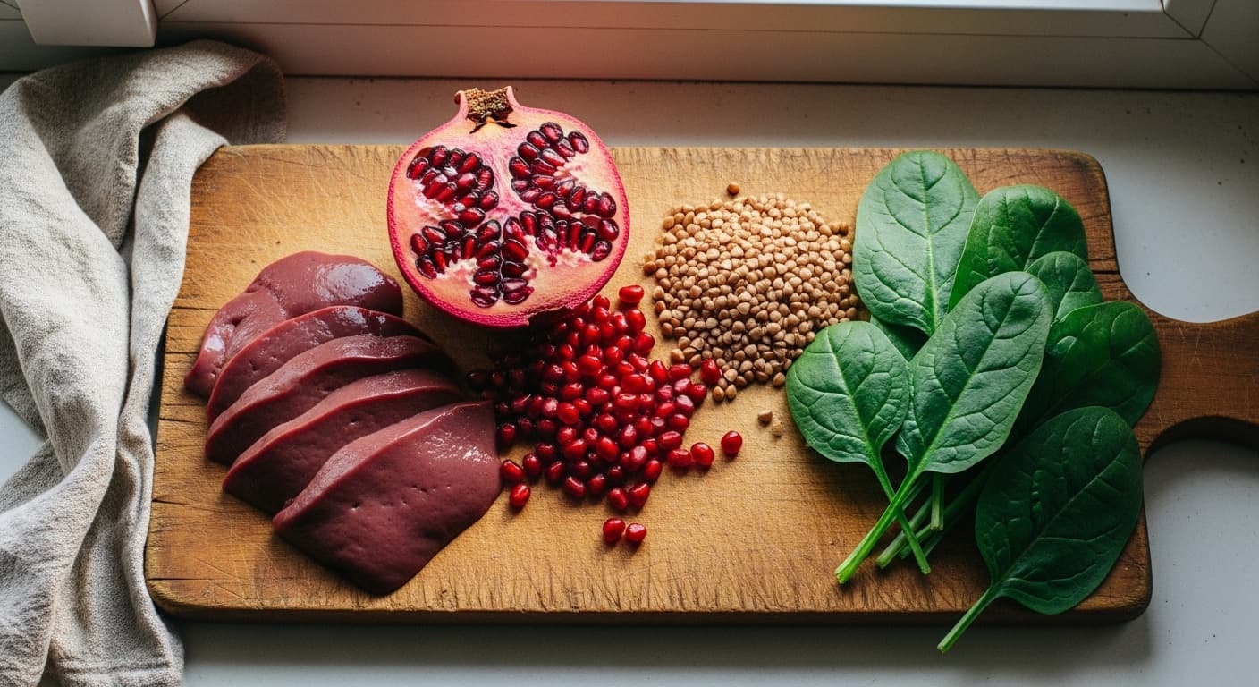 Продукты, богатые железом: говяжья печень, гранат, чечевица и шпинат на деревянной доске