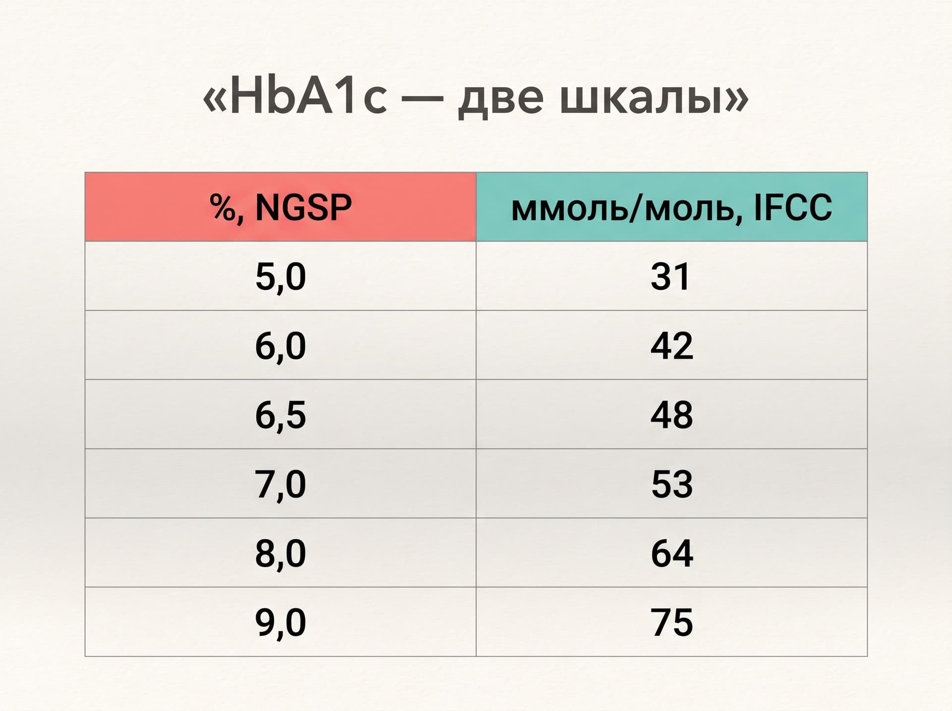 Таблица соответствия HbA1c в процентах и в ммоль на моль на светлом фоне
